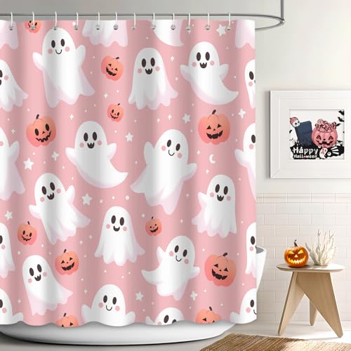 Halloween Shower Curtain Pink Cute Abstract Spooky Pumpkin Bathroom Decor with 12 Hooks - Pink3