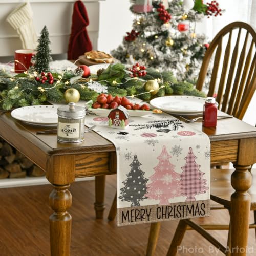 Pine Tree Merry Xmas Table Runner 13x72 Inch - Pink Holiday Decor