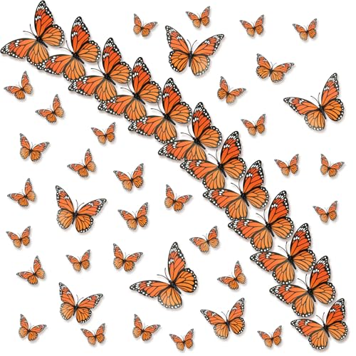 Orange 48 Pcs Monarch Butterfly Wall Decor - Realistic 3D Artificial Butterflies for Autumn & Home Decor