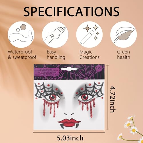 Halloween Face Tattoo Spider Web Stickers with Rhinestones - Variation 08.Halloween B