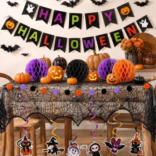 Halloween Indoor Decoration Set with Lanterns, Banners, Spiderweb Table Runner & Bat Stickers
