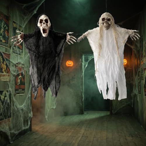 Halloween Hanging Ghost Decorations - 2 Pack, 17.7 Inch Skeleton Ghosts with Tattered Gauze & Bendable Arms for Yard Porch Haunted House