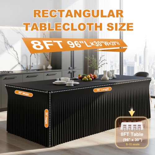 8ft Black Spandex Fitted Table Cover 4 Pack - Wrinkle-Free, Elastic Tablecloth with Skirt for Events