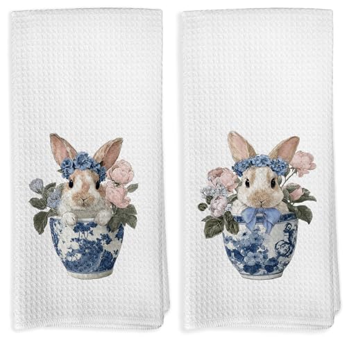 Chinoiserie Easter Bunny Kitchen Dish Towels Set of 2 - Blue & White Floral Bunny Hand Towels - Bunny-05