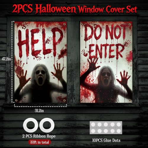 Red Bloody Halloween Window Cover - Creepy Haunted House Decor, 47.2 x 31.5 Inch, 2 Pack