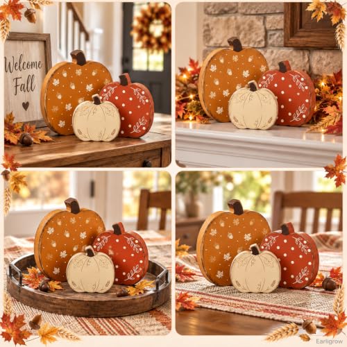 Wooden Pumpkin Fall Decor Set - 3 Distressed Rustic Autumn Pumpkins with Seasonal Prints - Pumpkin Variation