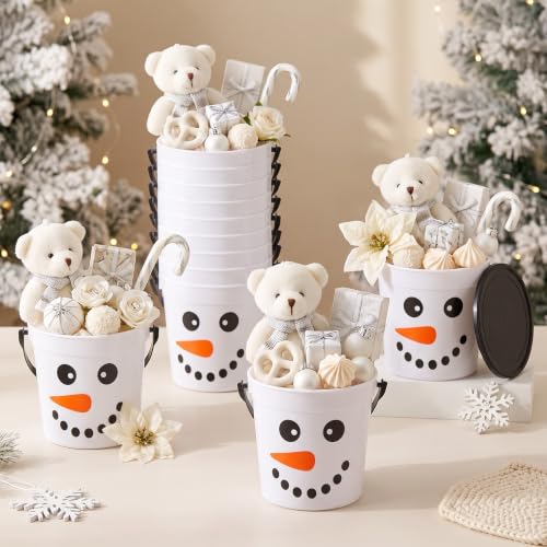 12 Pack Christmas Snowman Candy Buckets with Handles - Holiday Treat Pails
