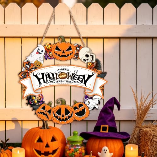 Halloween Wooden Wreath for Front Door - Spooky Decor with Ghosts Bats & Pumpkins