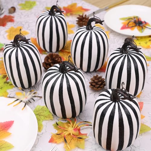 Artificial Pumpkin Set - 6 Pcs Fake Zebra Pumpkins for Fall Halloween Thanksgiving Decor 4.7 Inch