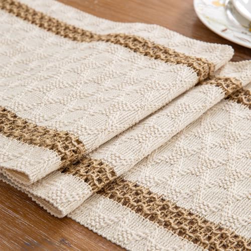 Boho Cotton Linen Table Runner 12 x 132 Inches - Beige & Brown Farmhouse Decor