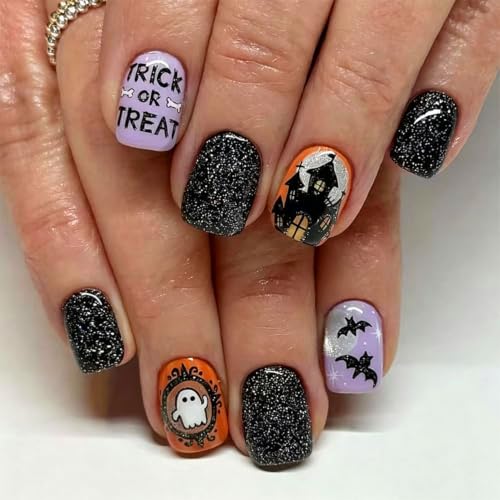 Halloween Press On Nails Short Square Fake Nails with Variation 26 Black Blue