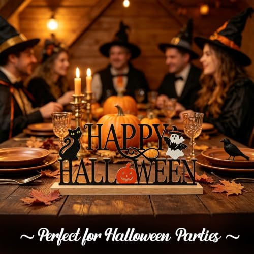 Halloween Table Decorations - Metal Happy Halloween Sign with Ghost Pumpkin Bat - Happy Halloween Variation