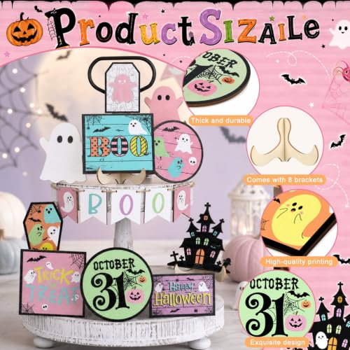 Pastel Halloween Wooden Tiered Tray Decor Set - 15 Pcs, Rustic Farmhouse Style