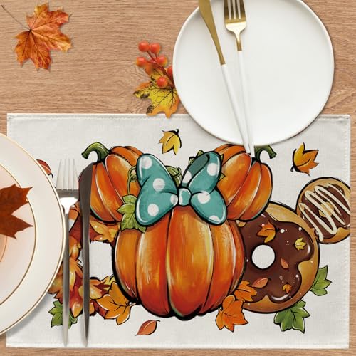 Fall Thanksgiving Placemats Set of 4 with Pumpkin Wreath Pattern - Autumn Table Decor