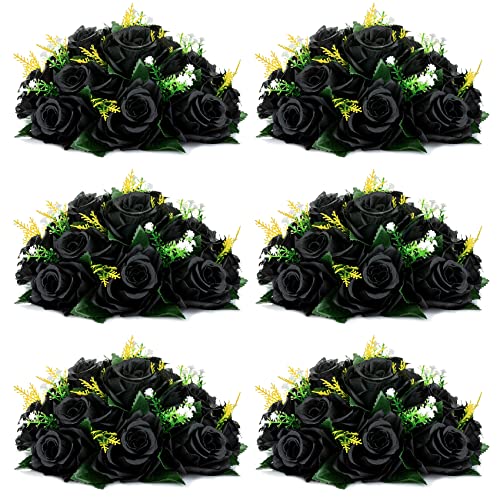 Black Artificial Flower Bouquets - 6 Pcs Gothic Rose Centerpieces