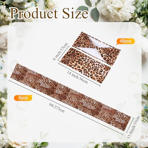 Leopard Print Chair Sash Set with 6 Table Runners - Brown Elastic Band & 14x108 Inch Decor