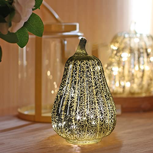 Silver Glass Pumpkin Light with Timer - 8.7-Inch Mercury Pumpkin Decor for Halloween and Fall