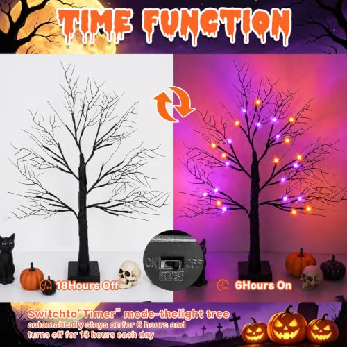 Black Halloween Tree Set with LED Lights, Ornaments & Timer - 24 Inch