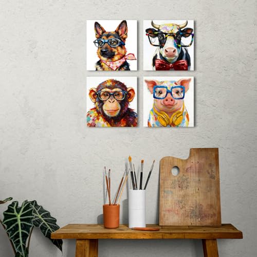 Funny Animal Wall Art Canvas Print Set - Kids Bedroom Decor, 12x12 Inch, Cartoon Animals with Glasses - 4 Pieces