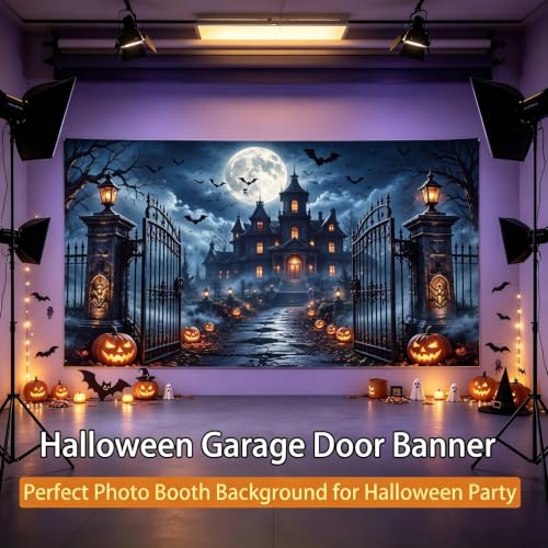 Halloween Castle Garage Door Cover Banner 8x7FT Haunted Mansion Backdrop Outdoor Halloween Decor