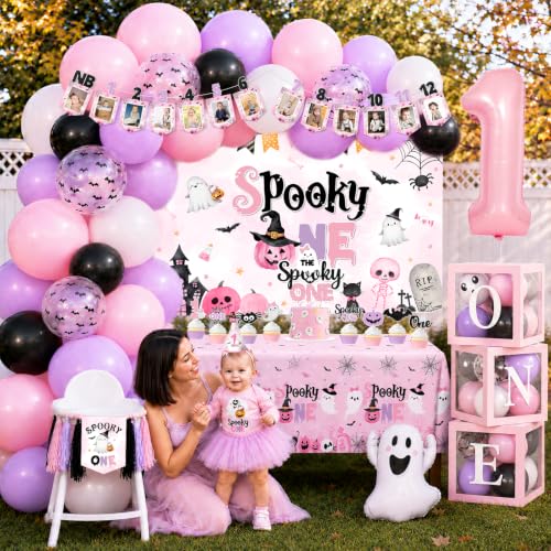 Pink Halloween Birthday Decorations Kit for Girl, 1st Birthday Party Supplies with Backdrop, Balloons, Cake Toppers & More