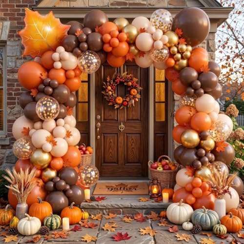 Fall Balloon Arch Kit with Maple Leaves - Orange & Brown Variations, Thanksgiving Party Decorations