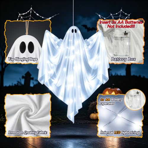 Halloween Hanging Light Up Ghost - 47-Inch White Swinging Ghost with LED, Waterproof Outdoor Decor - Variation: Cool White