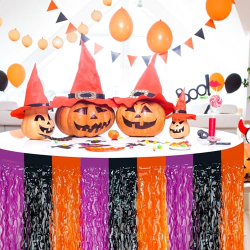 Foil Fringe Tinsel Table Skirts 2 Pack Halloween Party Decorations - Black, Purple, Orange