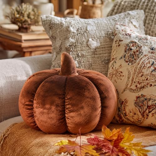 Reddish Brown Velvet Pumpkin Pillow - Fall Autumn Halloween Decor