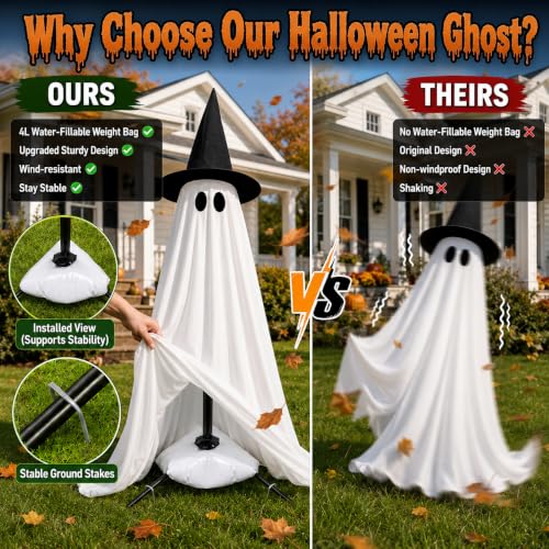 Indoor Halloween Ghost Decorations Set with Light-Up Ghosts and Broom - 2 Pack
