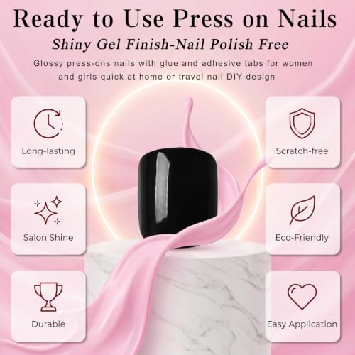 LuckForever Extra Short Black Square Press On Nails - Fake Nails Glue Ons