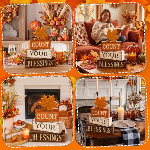 Count Your Blessings Fall Wooden Block Set - Rustic Maple Leaf Decor