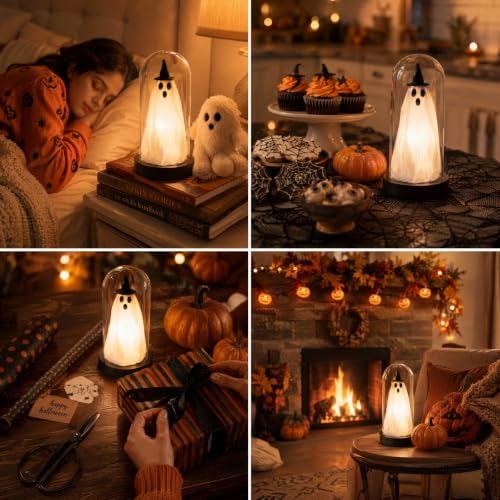Light Up Ghost in Glass Cloche Halloween Decor - Yellow Hat Variant