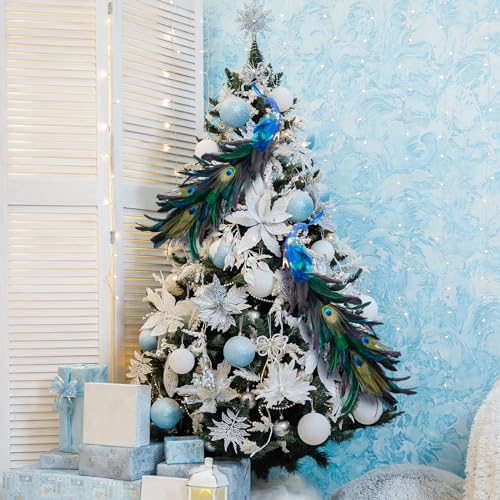 Peacock Christmas Tree Ornaments - 2 Pack Glitter Feather Bird Decorations for Xmas Tree & Holiday Decor - Variation 2