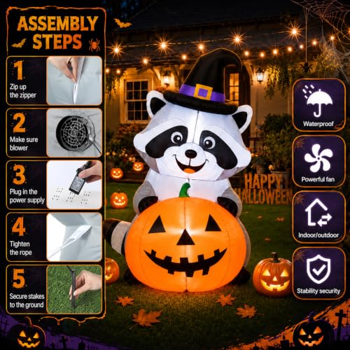 Halloween Inflatable Witch Raccoon Decor - 5 ft Outdoor Blow-up Decoration with LED Lights - Halloween Style