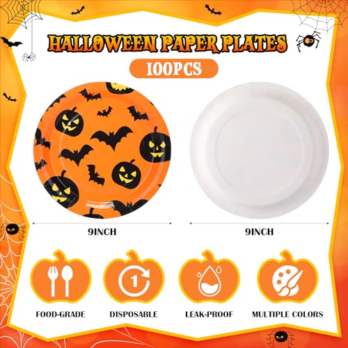 Halloween Paper Plates 9 Inch Pumpkin Bat Disposable Party Dinnerware - 100 Pack