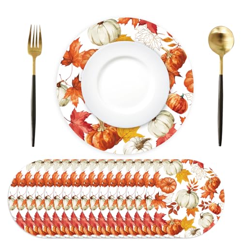 Pumpkin Maple Leaves Fall Placemats 50PCS Autumn Harvest Disposable Round Table Mats for Thanksgiving & Halloween - Pumpkin Leaves Variation