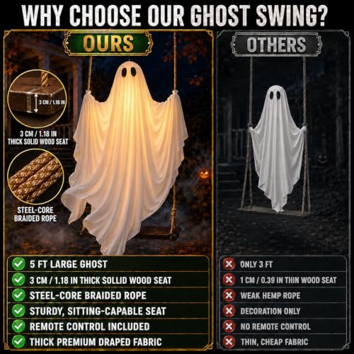 5 Ft Halloween Hanging Ghost Swing Decoration with LED Lights, Remote & Timer