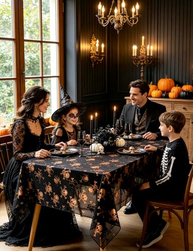 Halloween Skull Tablecloth 64x72 Inch Black and Gold Gothic Party Decor