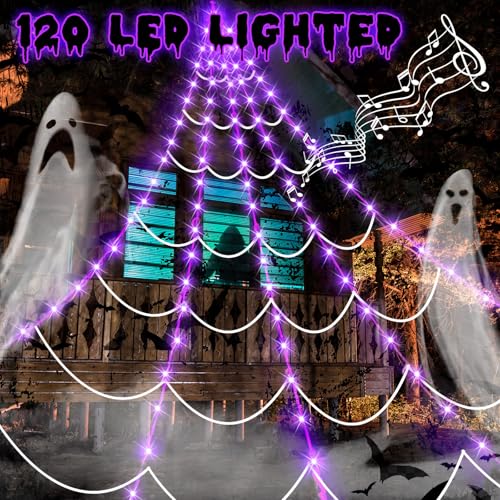 17FT Spider Web Halloween Decoration with Motion-Activated Purple LED Lights
