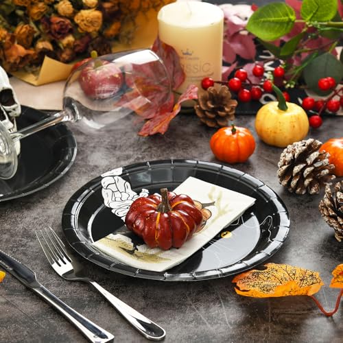 Halloween Party Paper Plates 24 Pack - Skeleton Hand Design, 9x9 Inches