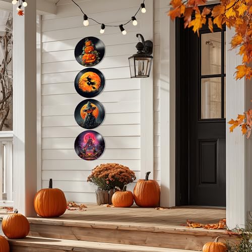Halloween Wall Decor 4-Piece Set - Horror Pumpkins, Scarecrow, Witch Posters