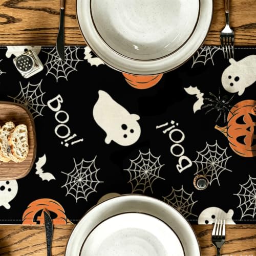 Black Halloween Table Runner Boo Ghost Pumpkin 13x60 Inches - Spooky Kitchen Decor