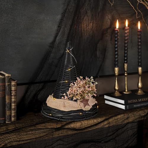Rustic Halloween Witch Hat Decor with LED Lights - Indoor Table Centerpiece