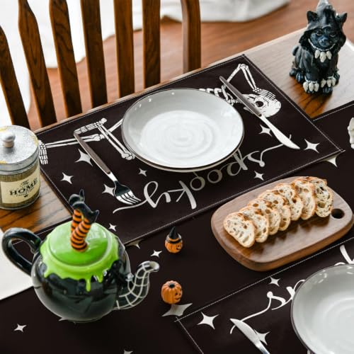 Halloween Skeleton Placemats Set of 4 12x18 Inch Table Mats for Party Dining Decor - Black & Beige