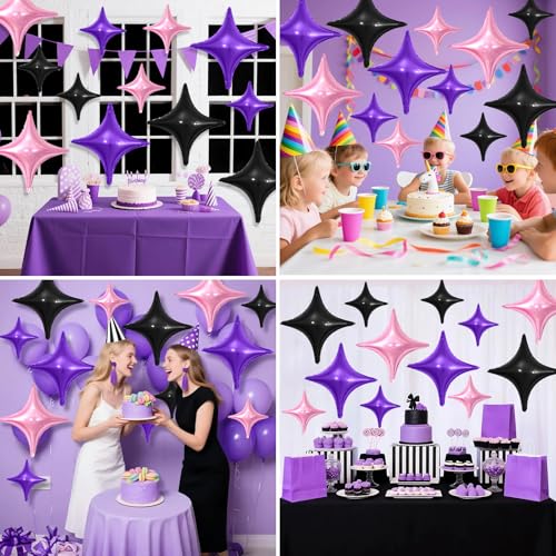 Black Purple Pink Star Balloons Set - 12 Pcs Foil Party Decorations with Variations
