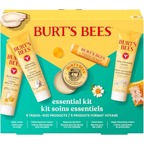Burt's Bees Valentine's Day Gift Ideas - Essentials Everyday Set, 5 Travel Size Products - Deep Cleansing Cream, Hand Salve, Body Lotion, Foot Cream and Original Lip Balm