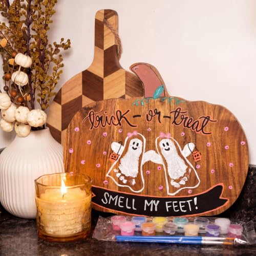 Baby Halloween Pumpkin Cutting Board with DIY Ghost Footprint & Colors - Fall Decor