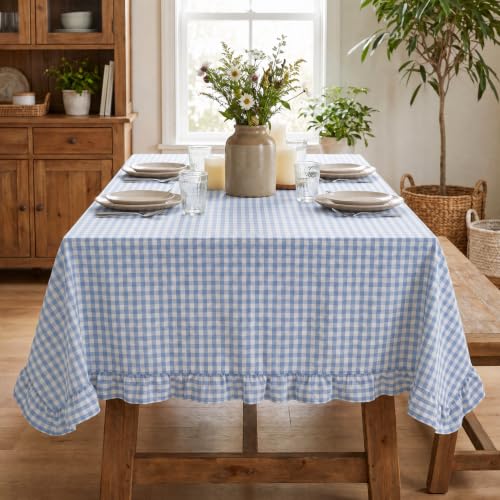 Horaldaily Blue Gingham Ruffled Table Cloth - 60x140 Inch Rectangular Home Decor