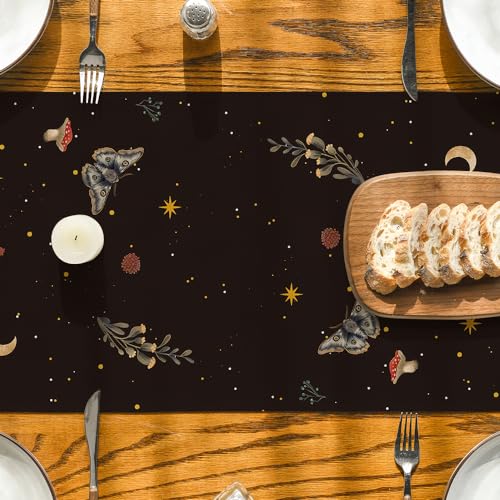 Autumn Mushroom Moon and Moth Table Runner - Seasonal Kitchen Decor 13x72 Inch